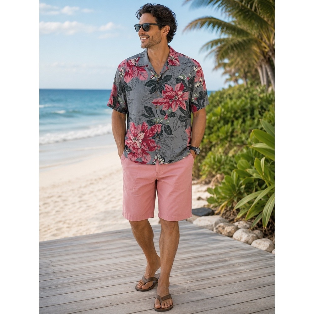 Tommy Bahama Mens Silk Grey Pink Tropical Floral Camp Shirt Short Sleeve XL